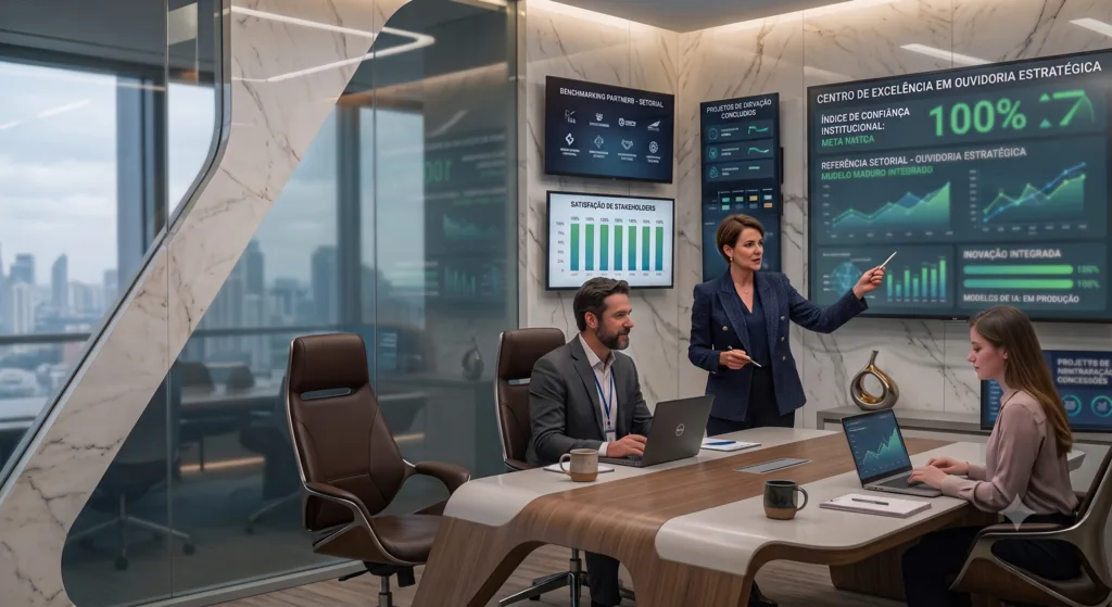 Painel de indicadores acompanha uma equipe em ambiente corporativo.